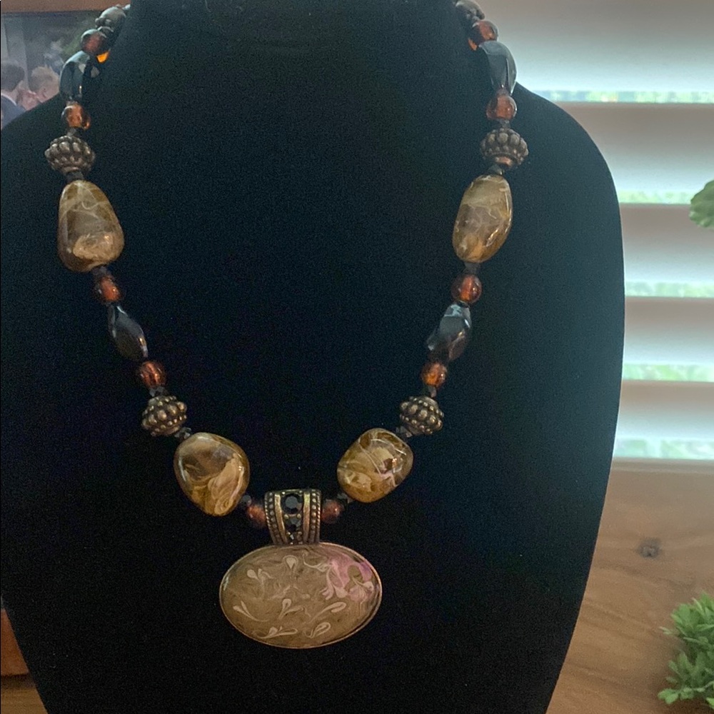 Chico's Taupe, Black, and Gold Necklace with Natural Stone Beads